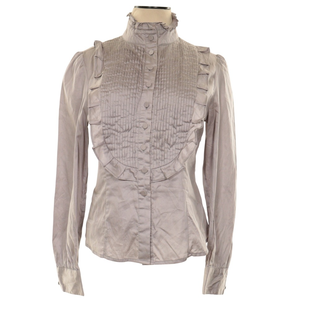 MaxMara Blouse Women 6 Ruffle Tuxedo Bib Pintuck Victorian Mock Neck Gray Cotton